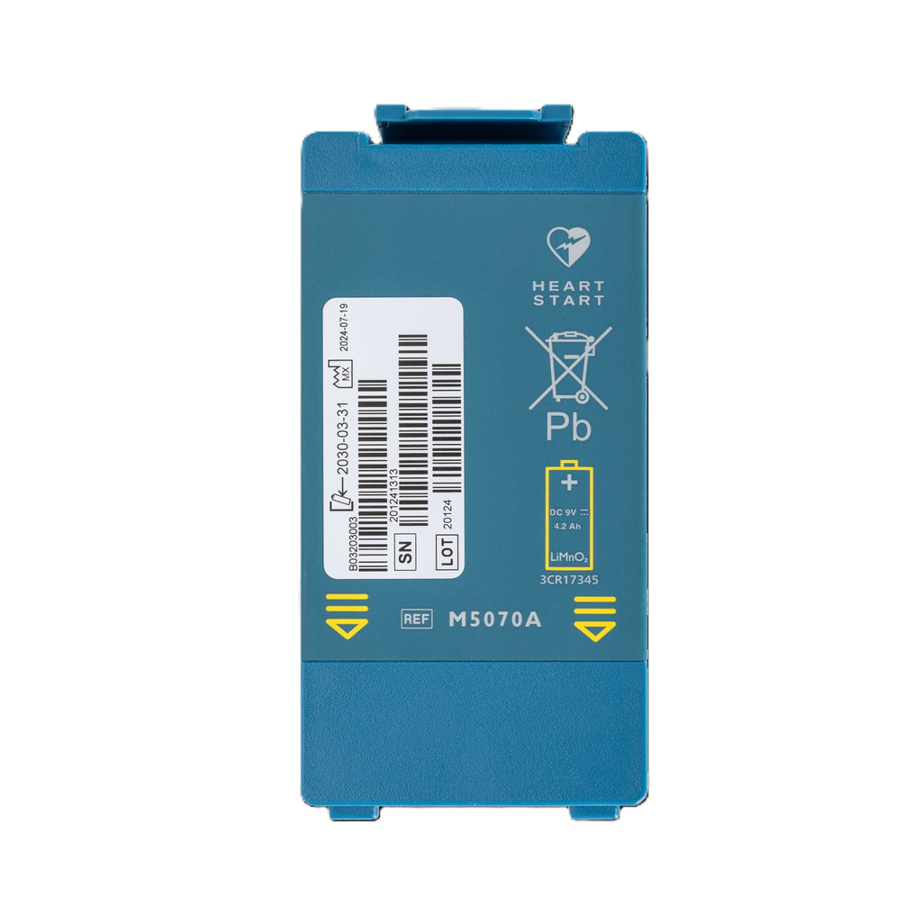 Philips HS1 en FRx AED batterij M5070A voorkant met referenties